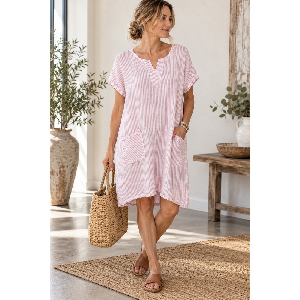 FLAX 100% Linen Shift Dress M Pink White Stripe Pockets Lagenlook Art to Wear